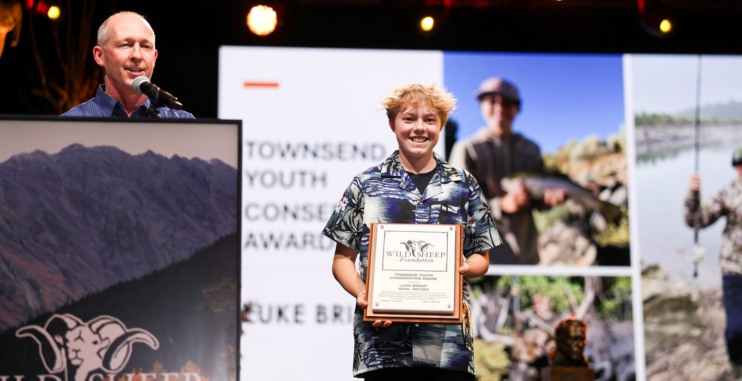 Dr. Ryan Brock presenting the 2025 Townsend Youth Conservationist Award to Luke Briant